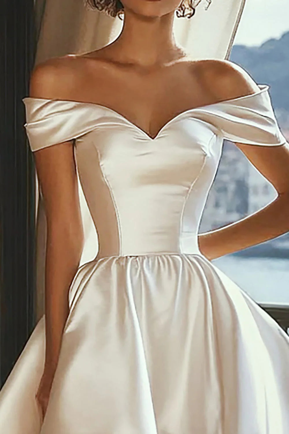 A Line White Off the Shoulder Asymmetrical Satin Wedding Dress